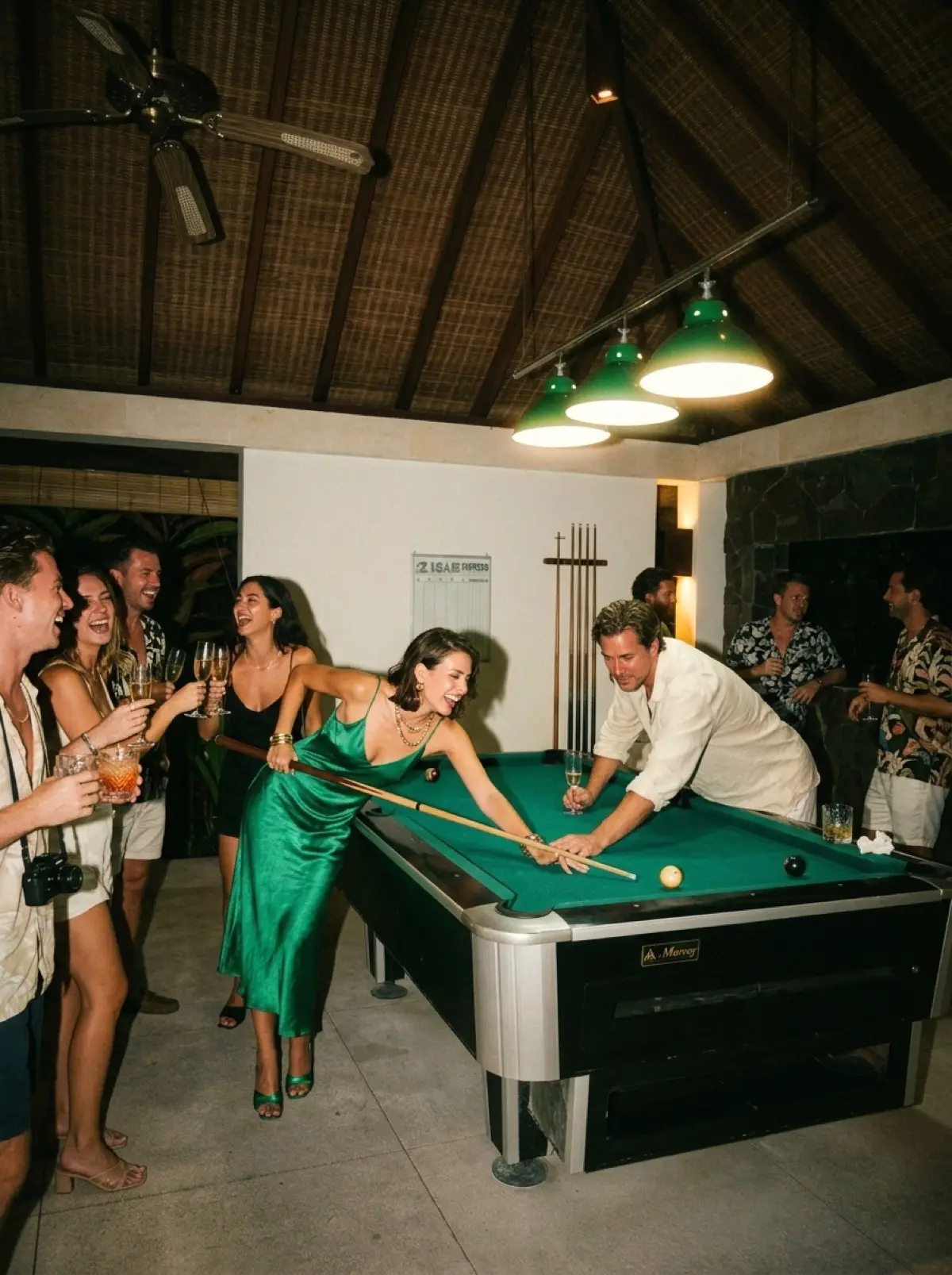 Guests playing on the pool table under a thatched roof