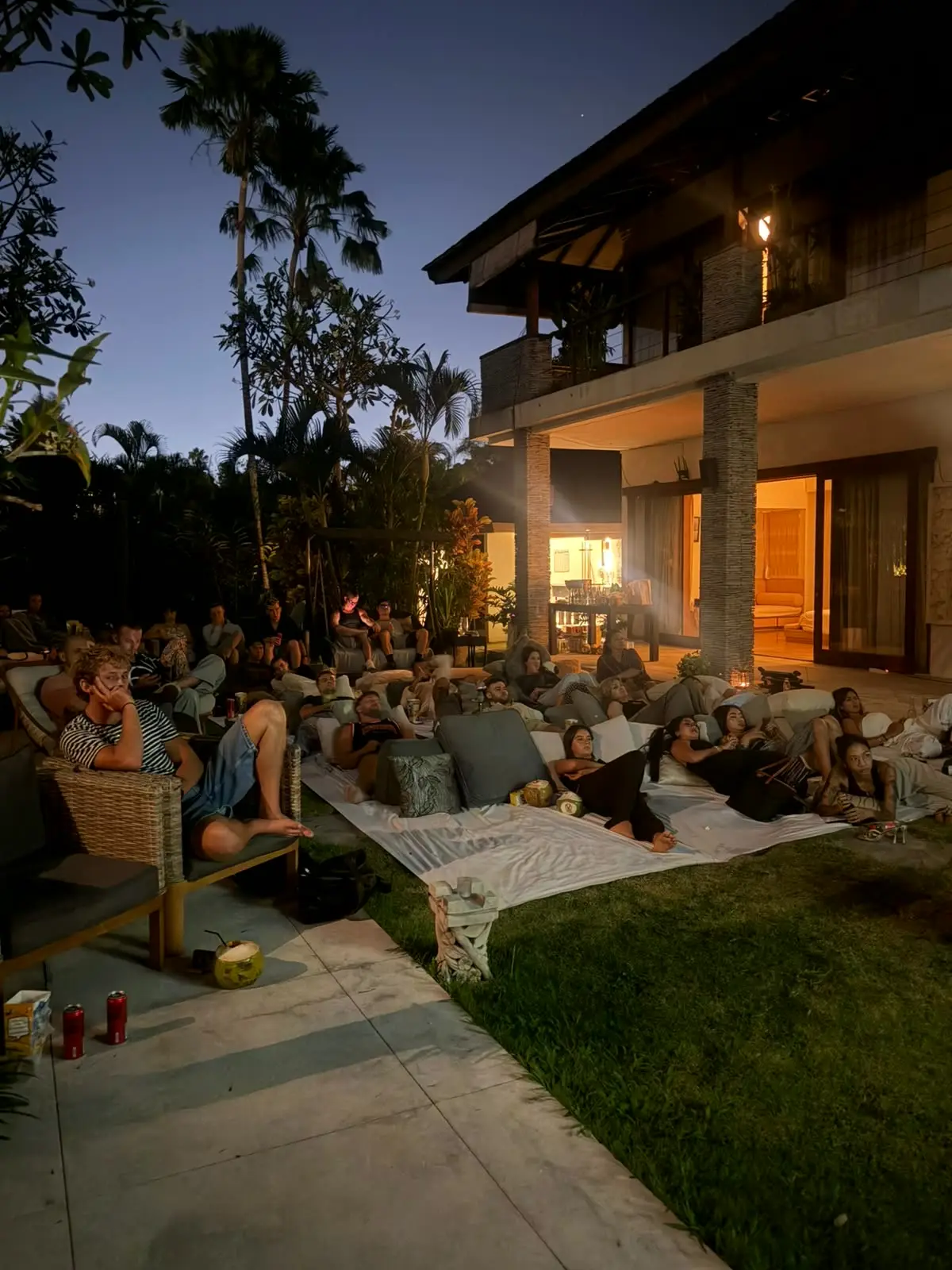 The garden full of guests waiting for the film to start