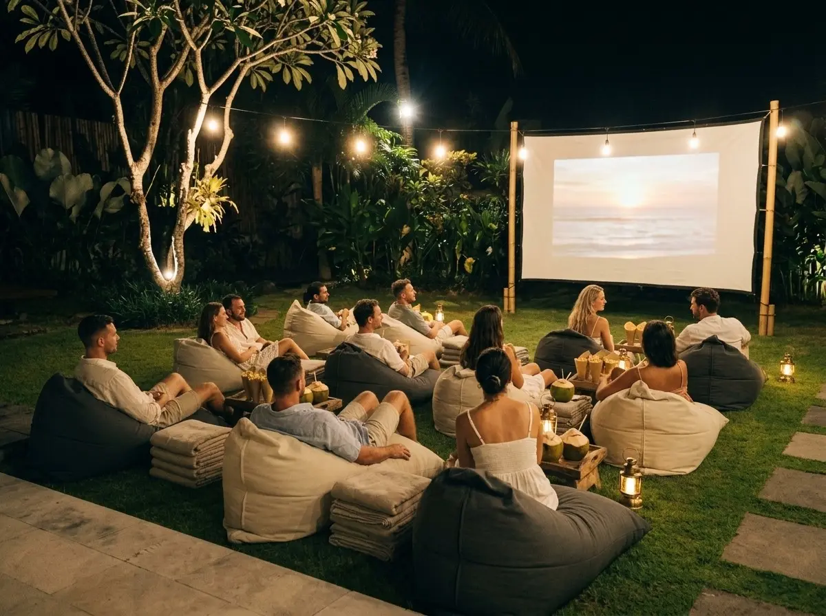 People on beanbags watching a film on a screen in the villa garden at night