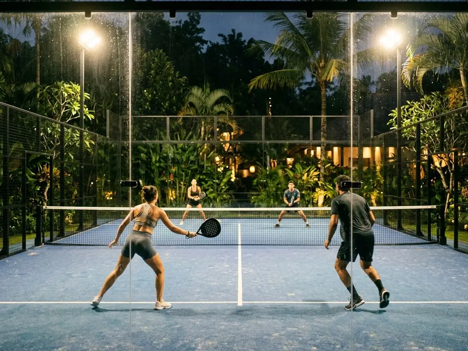 Friends playing padel on an outdoor court at sunset